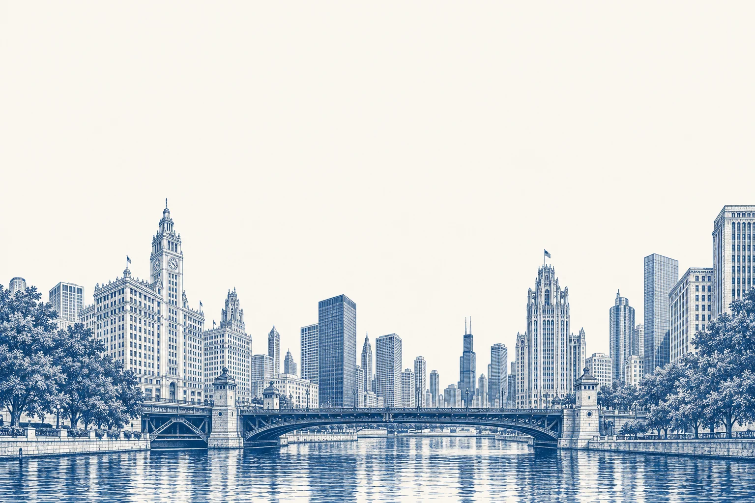 An original blue engraving of Chicago’s riverfront, historic bridge, and skyline.