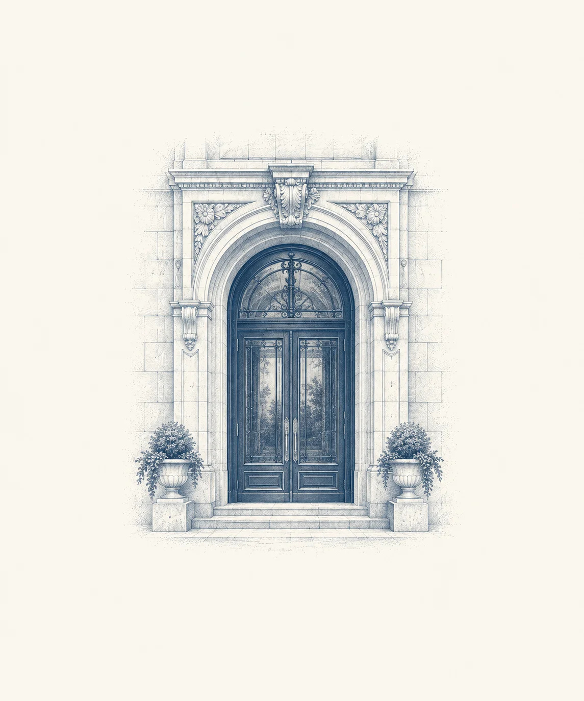 An isolated engraving of an elegant commercial doorway.