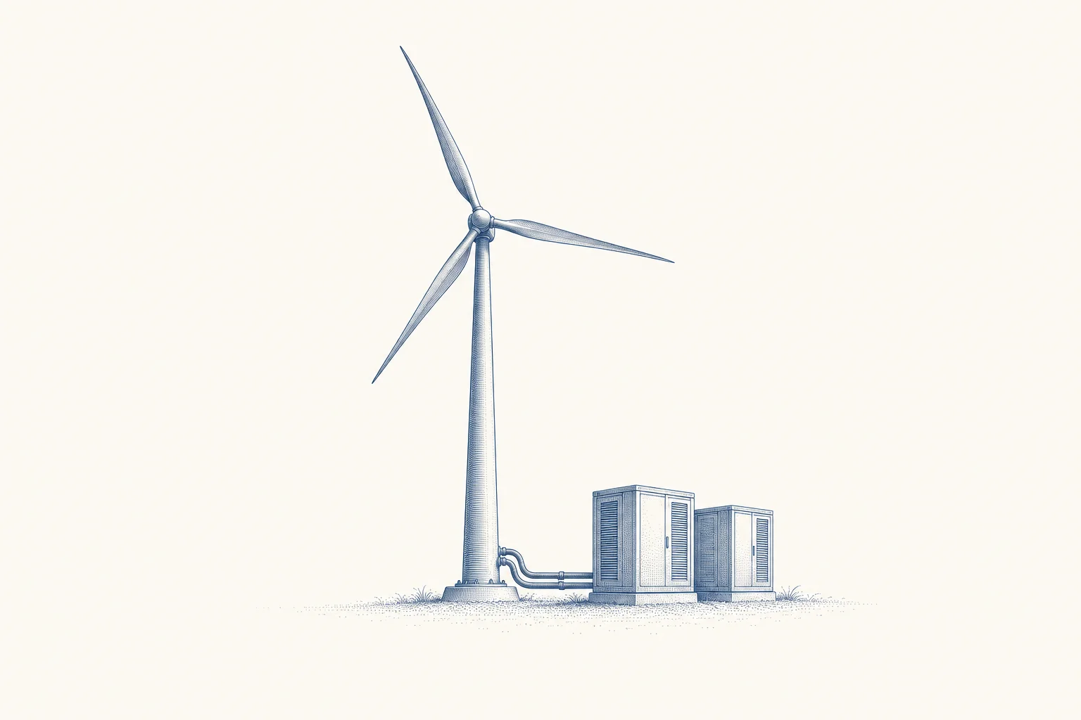 A delicate blue engraving of a wind turbine and energy storage, surrounded by open ivory space.