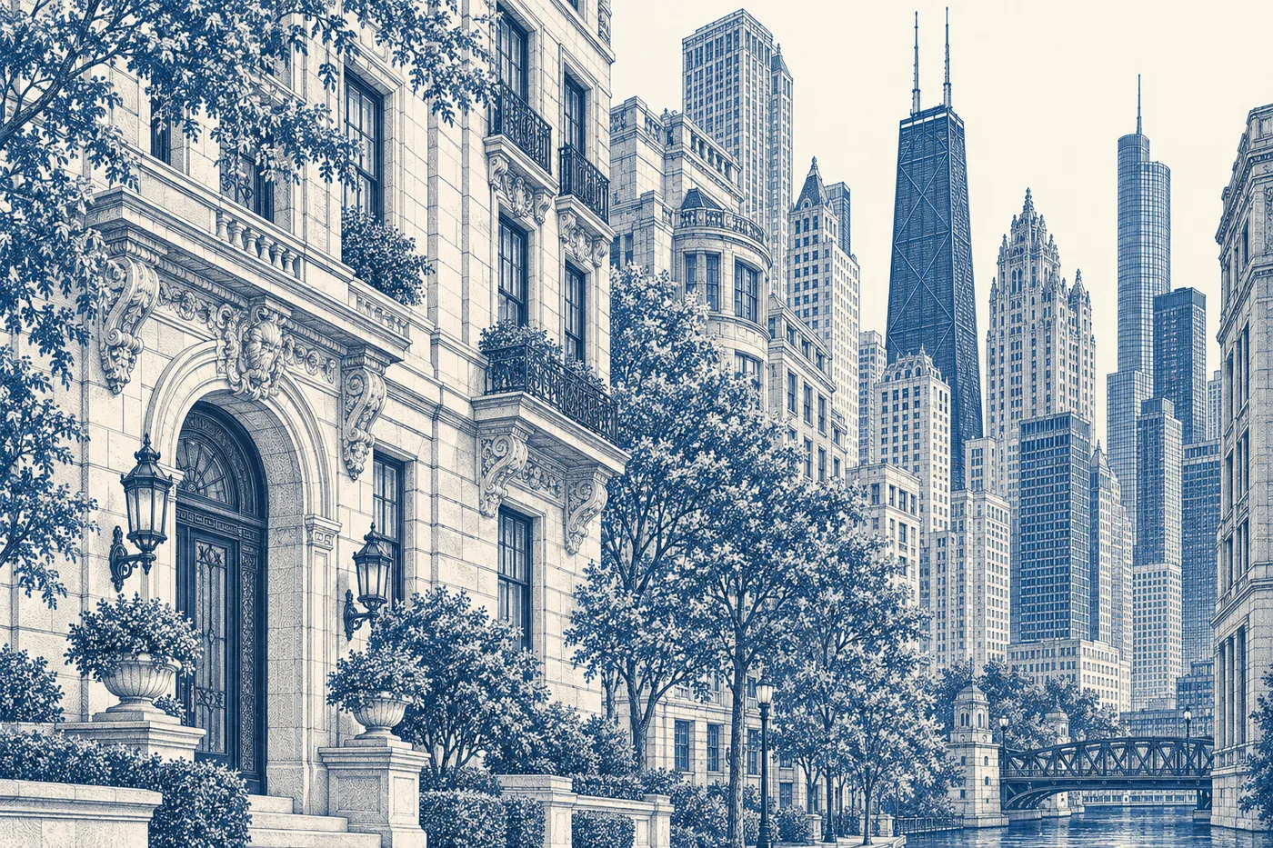A detailed blue engraving of city apartments and commercial buildings.